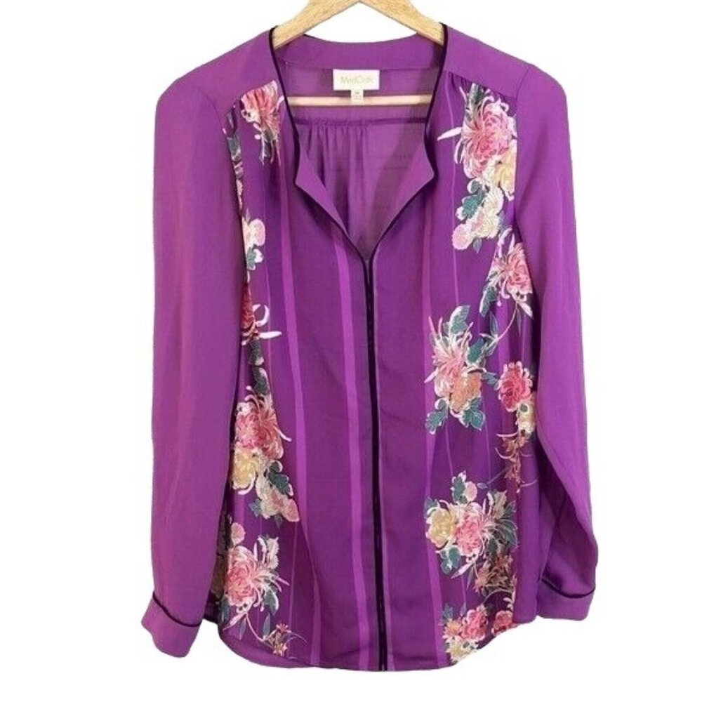 ModCloth Womens Floral Top Purple Medium Long Sleeve Popover Button Blouse